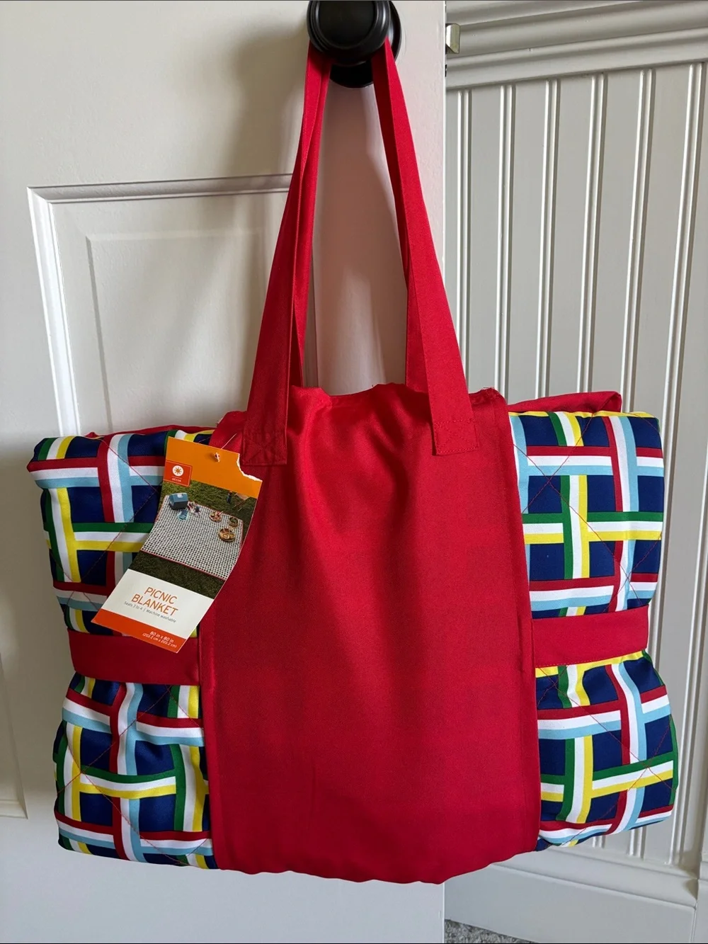 Picnic Blanket with Velcro Carrying Case - Red Multicolor - 80”x80” - Seats 3-4